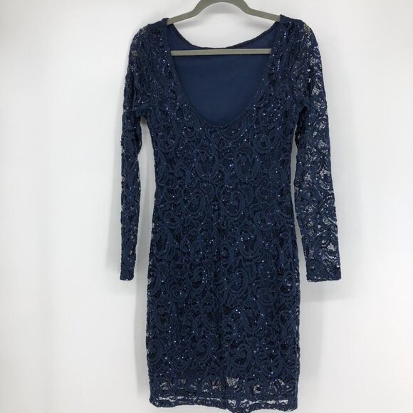 MARINA Navy blue Longsleeve Sequin Sheath Cocktail Dress Low Back Size ~ S - Picture 4 of 10